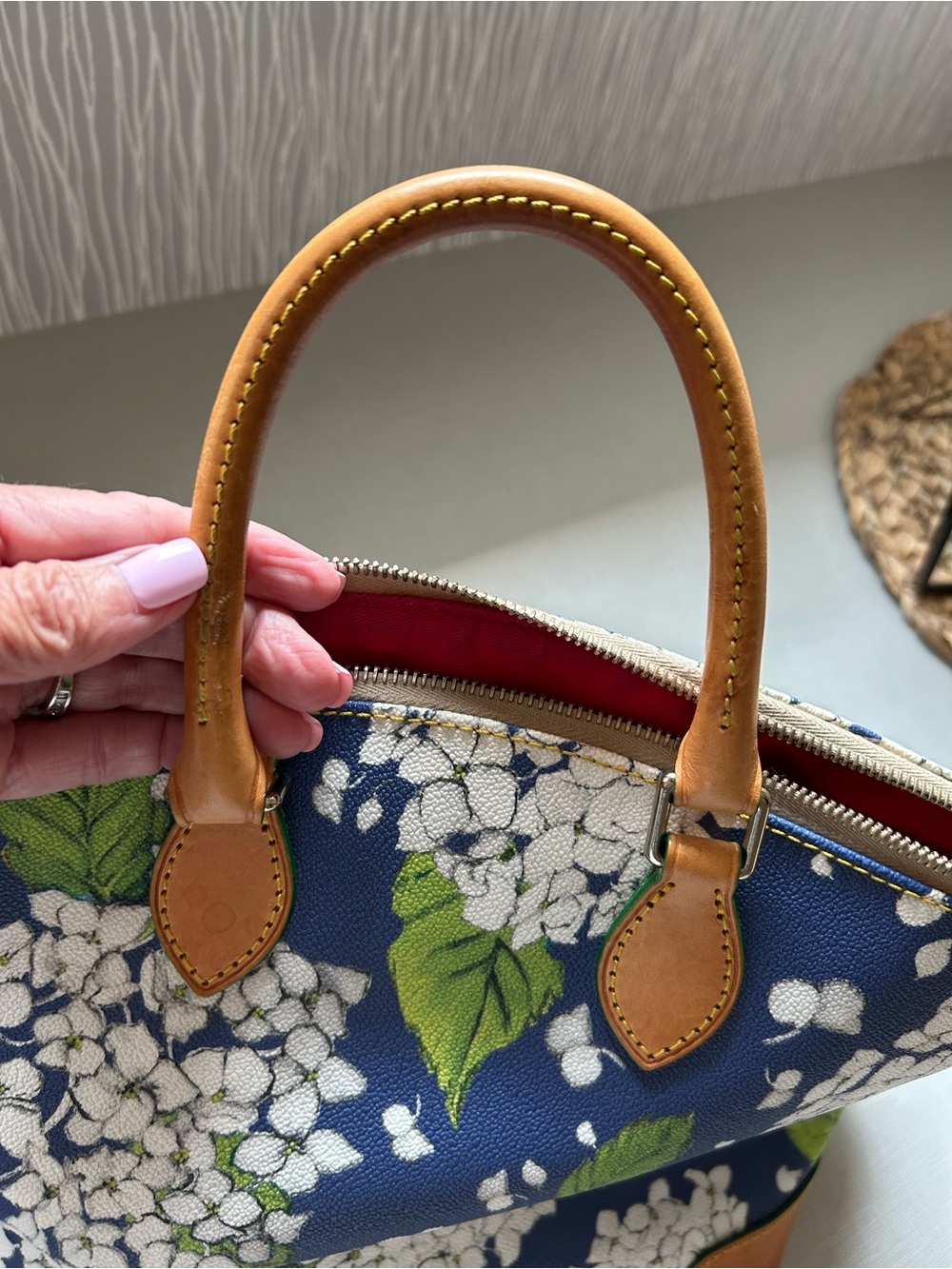Dooney & Bourke Navy White Hydrangea Floral Satchel with Tan Trim - Picture 3 of 11